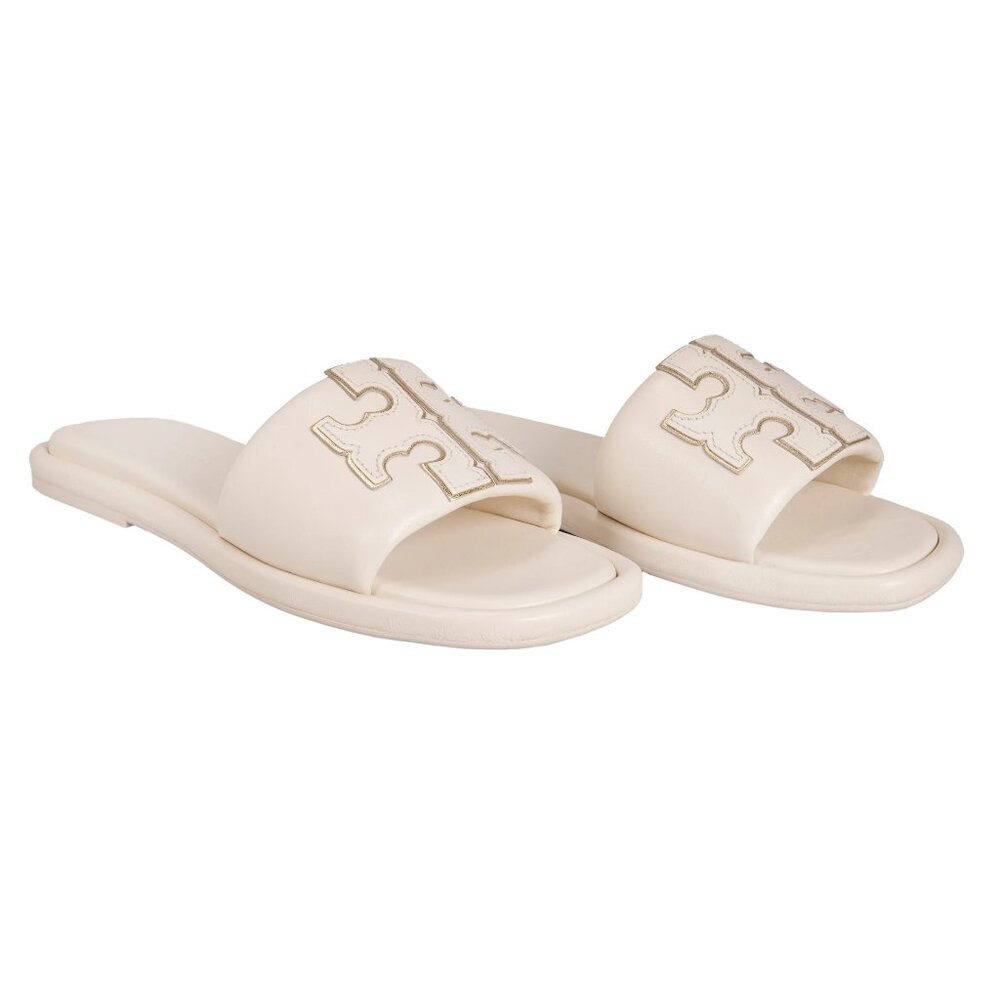Tory Burch Women's Double T Leather Sport Slide Light Cream Gold Box Dust bag